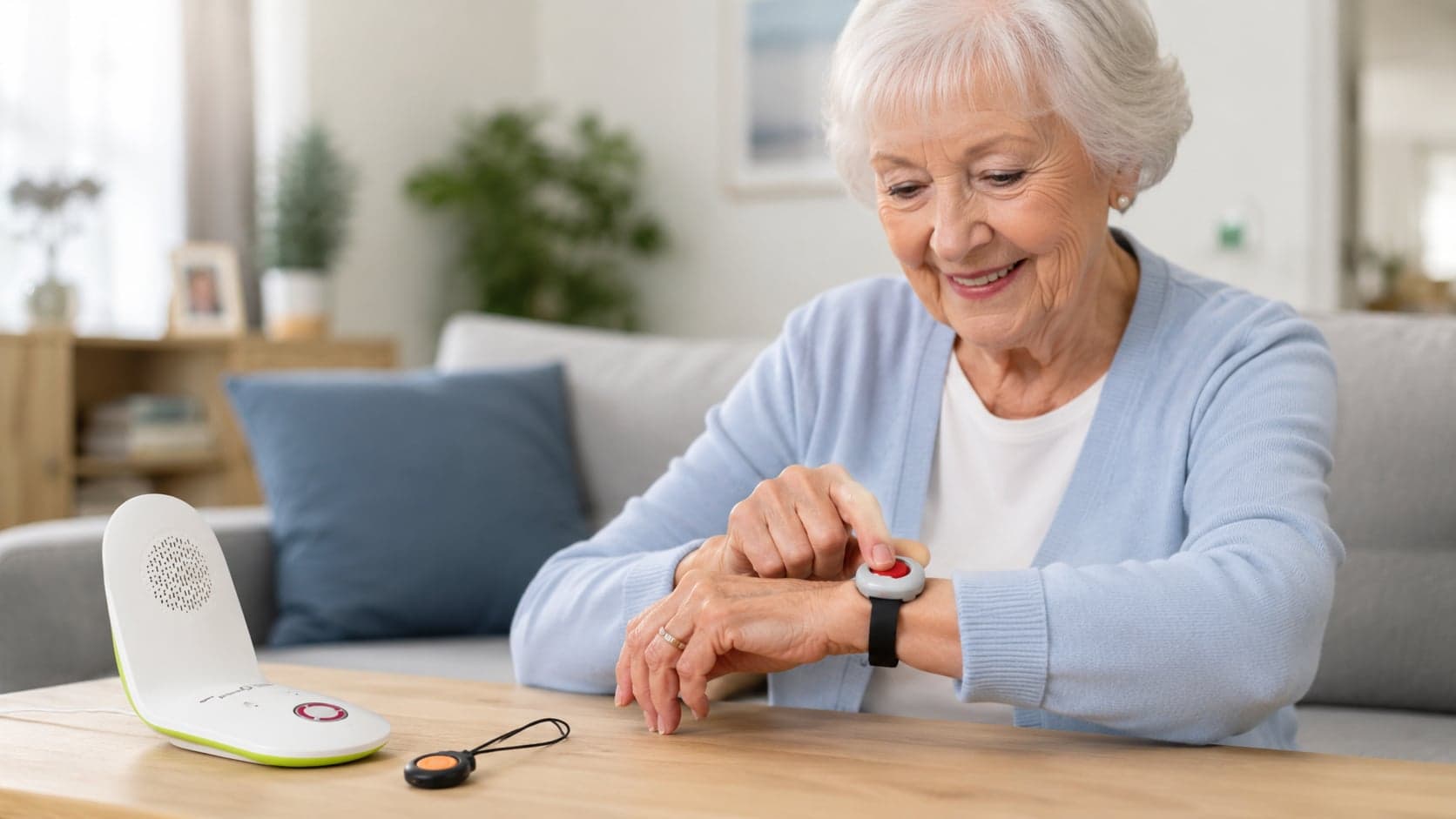 Dame âgée actionne son bracelet de téléassistance à domicile